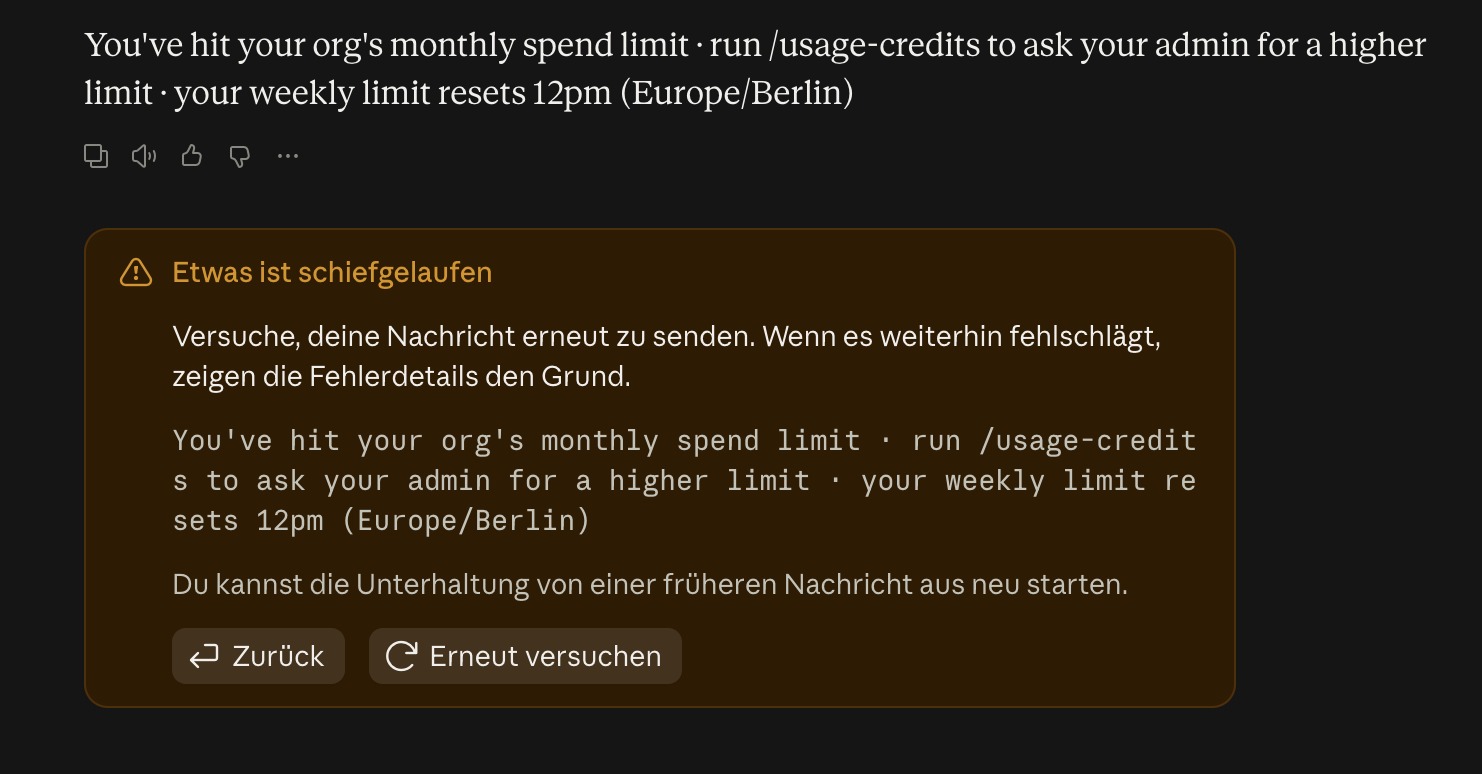 Screenshot einer Nutzungslimit-Fehlermeldung eines KI-Chat-Tools ("Monthly spend limit erreicht") als Symbolbild für Kapazitätsdrosselung bei KI-Anbietern