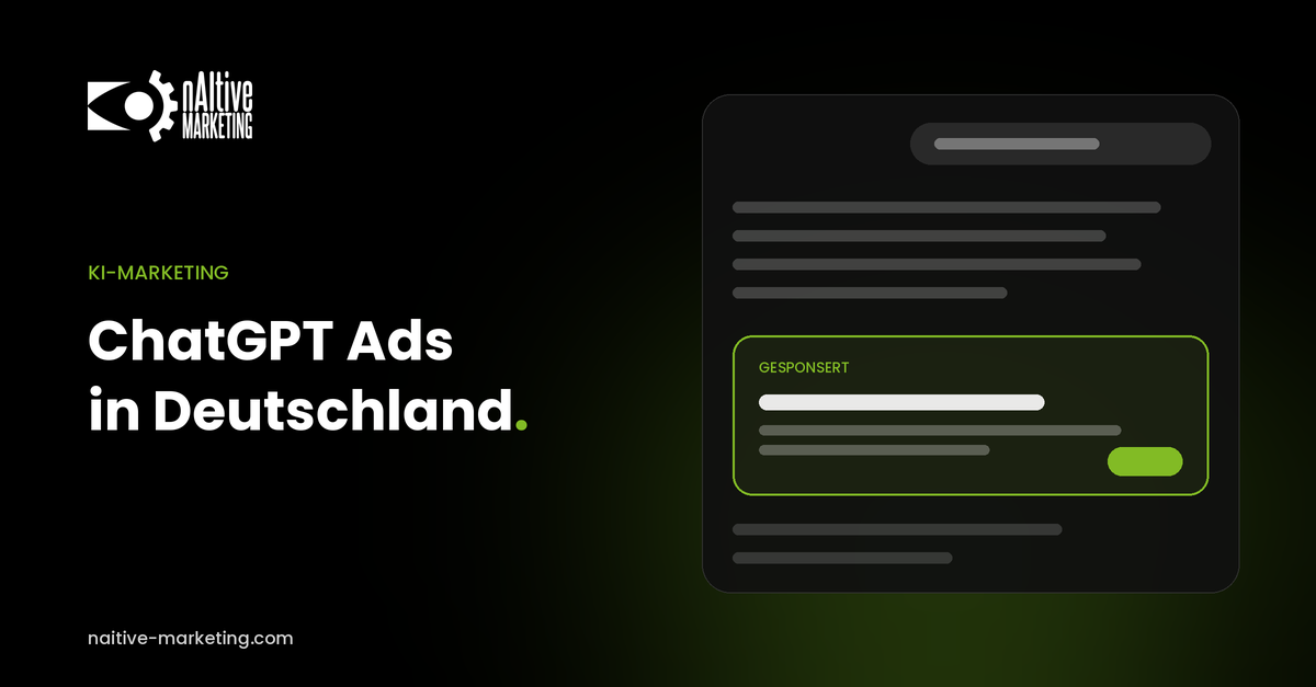 Grafik im nAItive-Design: Chat-Fenster einer KI-Antwort mit hervorgehobenem Gesponsert-Block – ChatGPT Ads in Deutschland